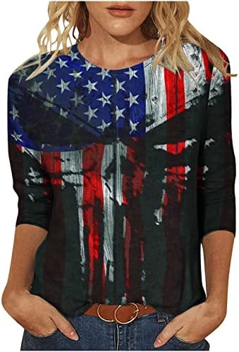 PIMOXV WOMENS 3D AMERICAN BLANHA 4º de julho Camisas Casual Independence Day 3/4 Mangas Tunica Túmulos Camisas patrióticas angustiadas
