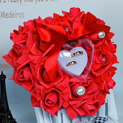 Caixa de portador de anel em forma de coração Ruixia para cerimônia de casamento, suprimentos de decoração proposta de engajamento de renda rosa -rosa coração travesseiro de anel romântico com barragem de anel de noiva da fita almofada