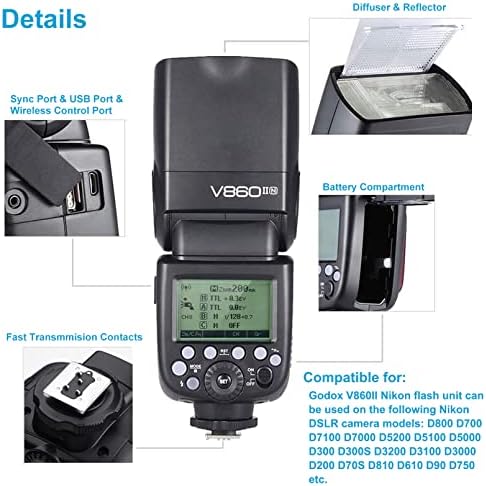 GODOX V860II-N 2.4G TTL Li-O-On Battery Flash Compatible para Nikon D800 D700 D7100 D7000 D5200 D5100 D5000 D300 D300S