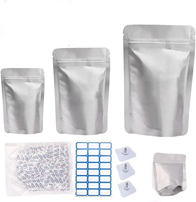 60 sacos mylar para armazenamento de alimentos com absorvedores de oxigênio, 8 mil 1Gallon 10.2 x13.8, 8,2 x12, 5,9 x8.5, 4.3 x6.3 zíper de stand-up de sacos sedáveis ​​e sacos de armazenamento de alimentos com sela térmica + Rótulos+ conectar