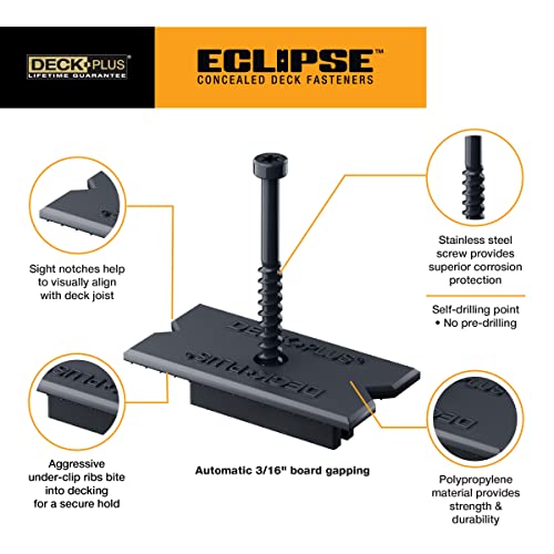 Deck mais fixadores de deck escondidos Eclipse, parafusos de convés, parafusos de madeira, aço inoxidável, preto, 360 pacote