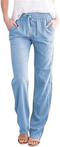 Calça de linho feminino kcjgikpok, calça de calça de linho de cordão larga de cintura elástica sólida com calça calças de calça de bolsos
