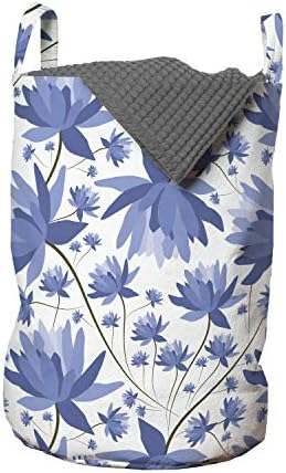 Bolsa de lavanderia floral de Ambesonne, representada de representação de flores japonesas de padrão em arte de estilo vintage, cesta de cesto com alças fechamento de cordas para lavanderia, 13 x 19, branco e teto azul