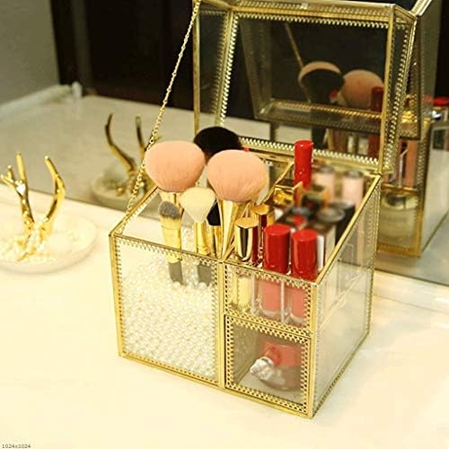 SJYDQ Golden Vintage Box Brass Metal Storage Jóias e escova de maquiagem cosmética porta -escova