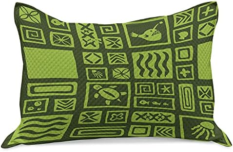 Ambesonne Luau malha de malha de colcha de travesseiros, rabiscos monocromáticos de padrão tiki com motivos e várias formas Aloha, capa padrão de travesseiro de tamanho king para quarto, 36 x 20, verde verde -oliva verde limão