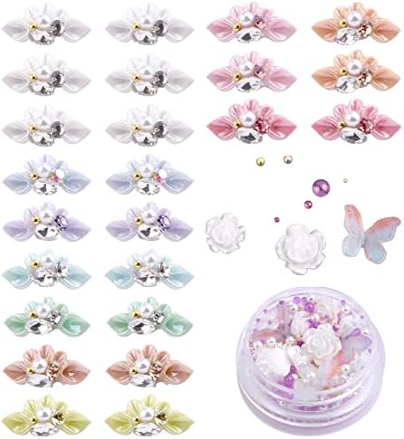 Charms de unhas de flor 3D, 43pcs Flower Nail Art Charms com 1 Box Bead, Ponto de pregos para pregos de acrílico