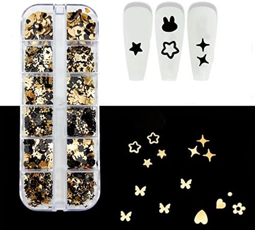 Flocos de glitter de unhas de unhas, mixada 2 cores desenhos de lençóis de ouro preto de ouro preto, coração de borboleta