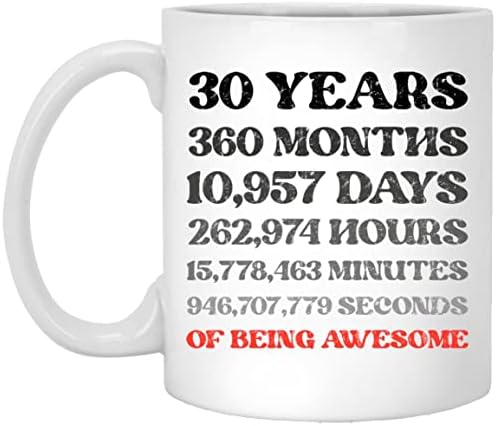 30 anos de trinta anos meses dias horas minutos segundos de caneca de café incrível, gag de presente de aniversário de 30 anos para