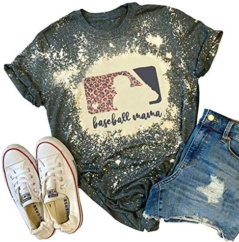 Camiseta branqueada mamãe de beisebol para mulheres engraçadas de leopardo mama angustiada letra de camisa imprimida