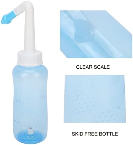 Garrafa de lavagem nasal, portátil de 300 ml de irrigação nasal de lavagem do nariz de enxágüe de enxágios de enxágüe de neti com escala clara, 2 bicos de tamanho, sistema de irrigação nasal para adultos