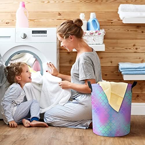 Magical Mermaid Tail Scale Texture Laundry Basket com cordão de tração de tração de lavander