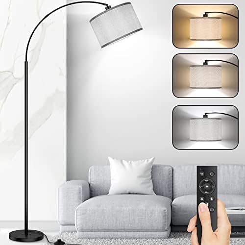 Lâmpadas de piso de arco para sala de estar, lâmpada de controle remoto moderno com lâmpada escandinosa e preta de tambor,