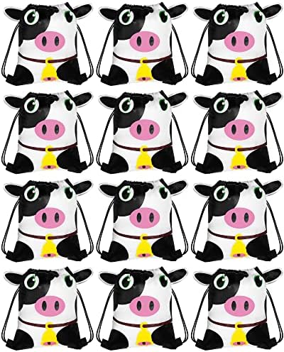 REMAGR 12 Pack Farm Cow Party Sacos de cordão de tração a granel Presente de poliéster Draw String Favor Backpack Animal Cinch Sack para chá de bebê de aniversário, preto, amarelo, branco, 11,8 x 9,8 polegadas/ 30 x 25 cm
