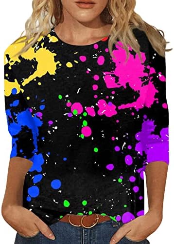 Tops femininos, sete pontos de manga de pista de tripulantes camisetas tampas de t-shirts de impressão marmorizada camisetas casuais com estampa floral solta camisetas
