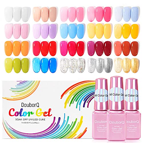 20 colorido kit de esmalte em gel, inclua esmalte pastel glitter, gel de unhas amarelo azul de grama azul natural rosa nua, UV/LED absorvendo