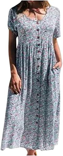 Vestido de verão feminino 2023 Bohemian Floral Crew Button Botão de manga curta Maxi Beach Dress com bolso