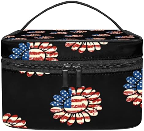 Lorvies American Flag Sunflower Pattern Bag Cosmetic Canvas Viagem Bolsa de higiene pessoal Top Handal