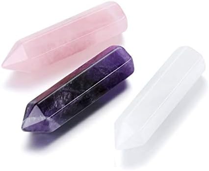 Crystaletars 2,2 Varas de cristal de cura Definir HEXAGONAL AMETHIST Rose Quartz Clear Quartz Points Pontos de Pedra Reiki Cristais de Cura Cristais de Cessão para Meditação Terapia de Cristalina