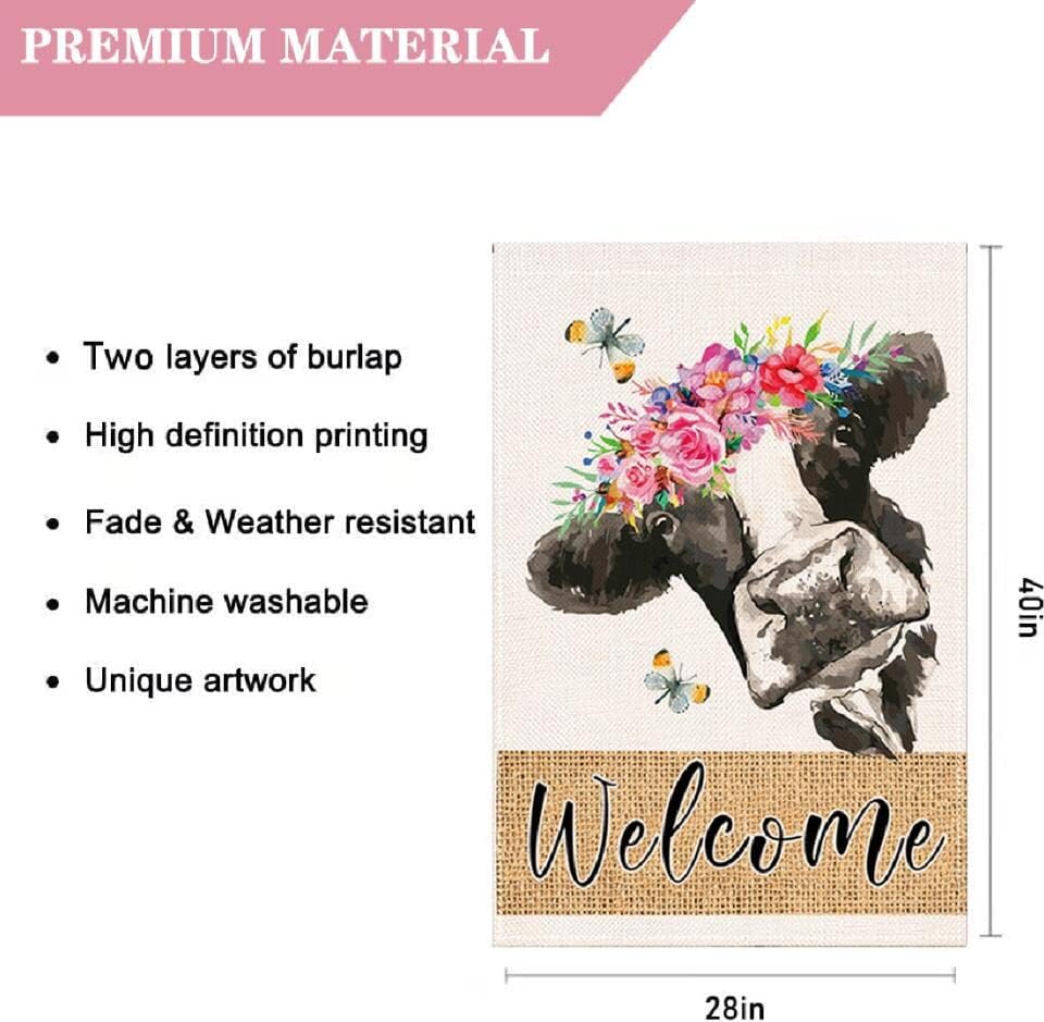 Lhsion Spring Cow House Bandeira 28 x 40 polegadas Bem -vindo decorativo floral bandeira de serapilheira de dupla face