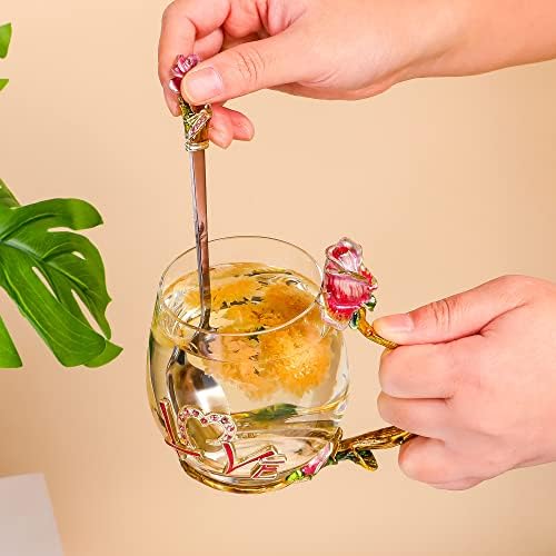 Xícara de chá de flores, canecas de café de vidro, xícaras de vidro transparentes sem chumbo com conjunto de colher, design artesanal
