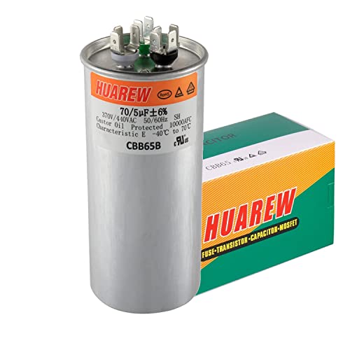 Huarew 70+5 UF ± 6% 70/5 MFD 370/440 Vac CBB65 Dual Run Round Capacitor redondo para condensador Coolto reto ou ar condicionado