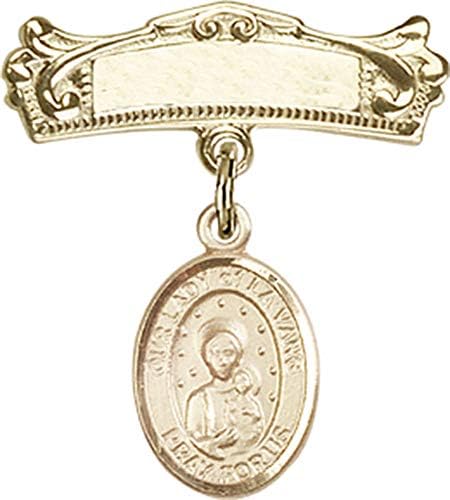 Rosgo do bebê de obsessão por jóias com o charme de Nossa Senhora de La Vang e Pin Arched Polded Badge | Distintivo de bebê cheio de ouro com o charme de Nossa Senhora de La Vang e Pin Arched Polded Badge - Made nos EUA