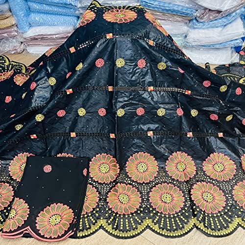 Amibric Bazin Brode em tecido preto de cor com blusa de tule - 5 metros de renda para tecidos para materiais de costura de noiva 1431