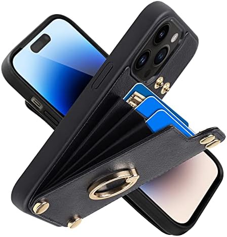 Caixa da carteira Lameeku Compatível com iPhone 14 Pro Max, capa de couro com suporte de cartão, kickstand de anel