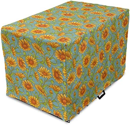 Capa de caixas de cachorro floral de Ambesonne, padrão contínuo com flores de calêndula de desenho animado, capa de canil de
