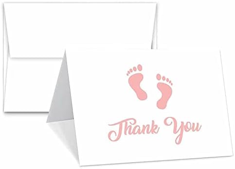 Baby Girl Rosa Pegada Pegada de Agradecemos Cartões e Envelopes - Em branco no interior - Presentes e presentes do chá de bebê | 4,25 x 5,5 polegadas quando dobradas | Pacote de valor de 25 cartões e envelopes
