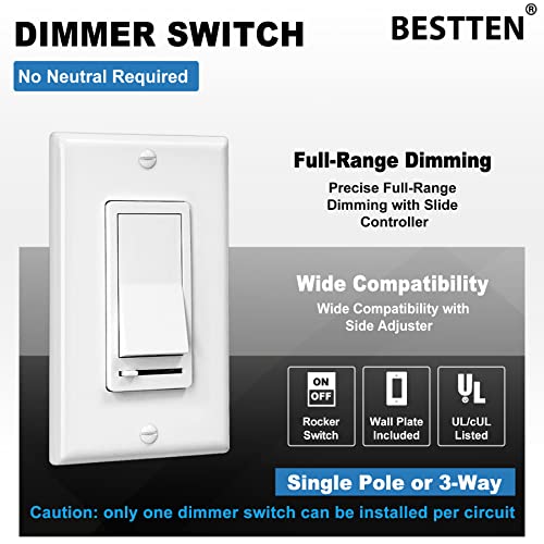 [2 pacote] Bestten Dimmer Light Switch, Controle de iluminação universal, pólo único ou 3 vias, compatível com lâmpada diminuída de LED, CFL, incandescente, lâmpada de halogênio, placa decorativa incluída, branca