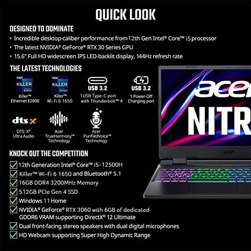 Acer Nitro 5 AN515-58-527S Laptop para jogos | Intel Core i5-12500H | NVIDIA GEFORCE RTX 3060 GPU Laptop | 15,6 FHD 144HZ IPS Display