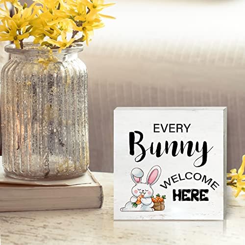Todo coelho é bem -vindo aqui decoração de mesa de placas de caixa de madeira de 5 x 5 polegadas placas de bunny bunny