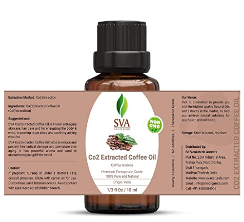 SVA Organics Coffee Oil CO2 Extraído 1/3 oz puro Premium de grau terapêutico não diluído óleo essencial para rosto, pele, cabelo, massagem, difusor, aromaterapia