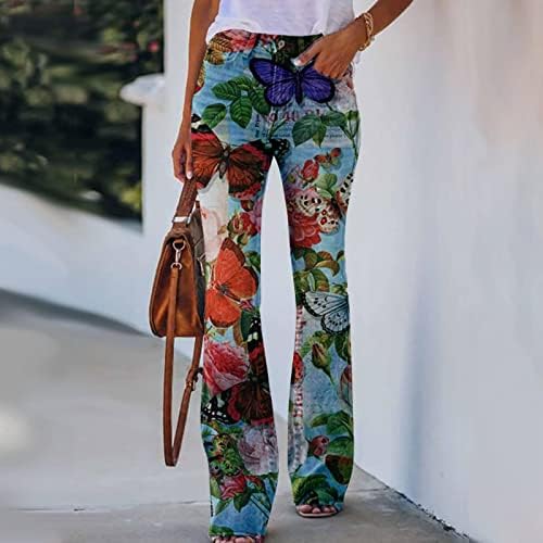 Calças de estampa floral casual feminina Ponta de estampa floral alta Micro jeans angustiado calça de jeans retos calças de jeans longa