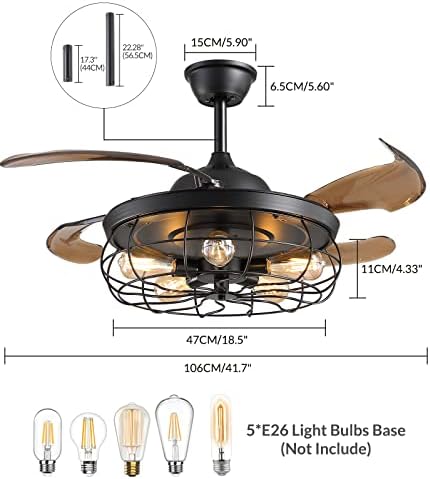 Fentro de teto enjaulado às 19h com controle remoto, ventilador de teto de lâmina retrátil industrial de 42 polegadas, 6 velocidades de vento, fã de teto do lustre de fazenda reversível para o quarto, base de lâmpadas e26 base