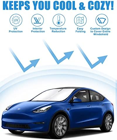 TOPASHDE GROJO SUNSHADE COMPATÍVEL COM TESLA MODELA Y MODELO 3 ACESSÓRIOS - 240T CAMADA DUPLA CAMADA FRONTO SUL PROTETOR