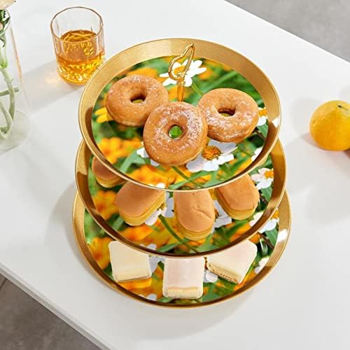 Conjunto de bolo de 3 cupcake de 3 camadas Stands reutilizáveis ​​de pastelaria para decorações de festas de chá de aniversário de casamento, crisântemo branco amarelo
