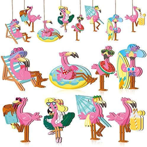 Boumusoe 24 PCs verão Pink Flamingo Decorações penduradas, ornamentos de flamingo de madeira com corda, Flamingo pendurado Ornamento
