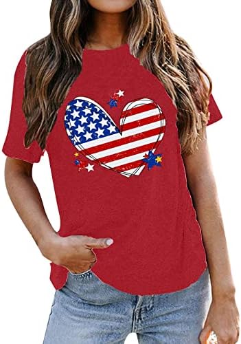 Tops casuais mulheres verão feminino grande dia de independência camisa impressa no pescoço redondo camiseta solta feminina