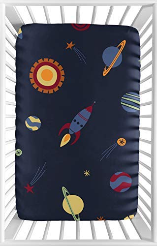 Sweet JoJo Designs Navy Blue Baby Boy Coloque Mini Folha de Criba portátil para Coleção de Galaxia Espacial - Para Mini Crib ou