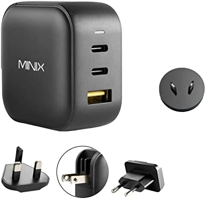 Minix Neo P1 66W Turbo 3 portas Carregador de parede GaN 2 x Adaptador de carregamento USB-C, 1 x USB-A Charge 3.0, agrupando com plugue Au. Compatível com o MacBook Pro Air, iPad Pro, iPhone 13, Galaxy S9 S8 e muito mais.