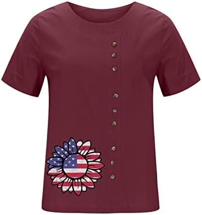 Camisetas de linho de algodão feminino Tops de girassol dos EUA 4º de julho Bloups Independence Day Shirt Butter Button Tees