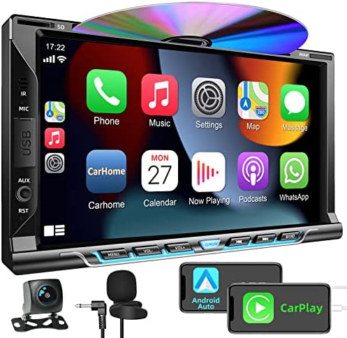 Estéreo de carro duplo com cd/dvd player- CarPlay e Android Auto, áudio de carro com Bluetooth, tela sensível ao toque HD de 7 polegadas, câmera traseira, USB/TF/aux, subwoofer, receptor de rádio AM/FM