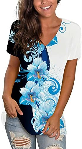 Tee feminino verão outono 2023 Manga curta V Casco de algodão de algodão impressão de flores de flor top shirt para senhoras