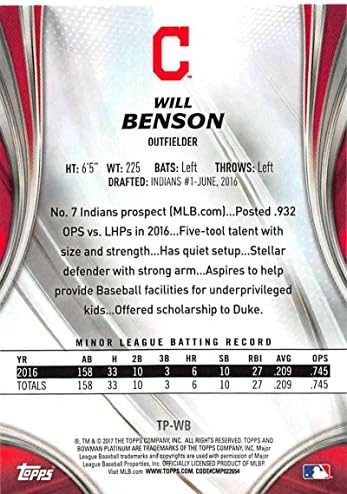2017 Bowman Platinum Top Prospects #TP-WB Will Benson NM-MT índios