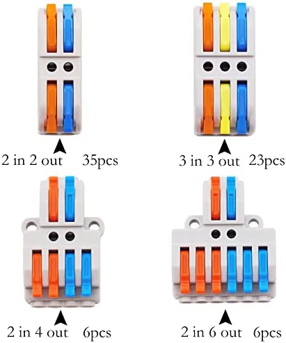 SUNXEKE 70 PCS Conectores de fio Kit de sortimento compacto de splicing de splicing incluem 2 em 2 out/3 em 3 out/2 em
