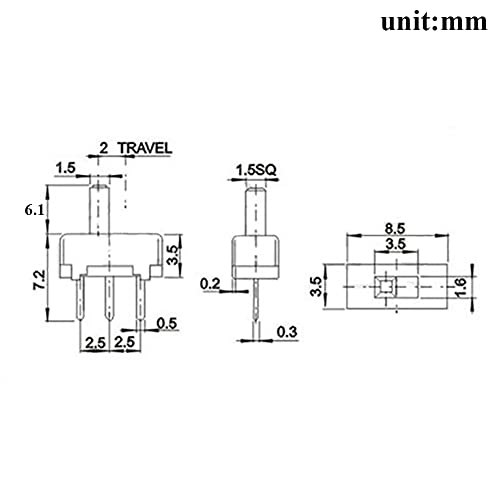 Botão alto de 3 pinos 2 Posição 1p2t interruptor deslizante de painel 0.5A DC50V Montagem miniatura de solda vertical LUG SS12D00