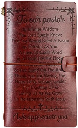 Pastor Gretos de Apreciação para Men Women Leather Journal Notebook, Diário de viagem em relevo, Planejador Lined, 7x5 polegadas - para o nosso pastor Brown03