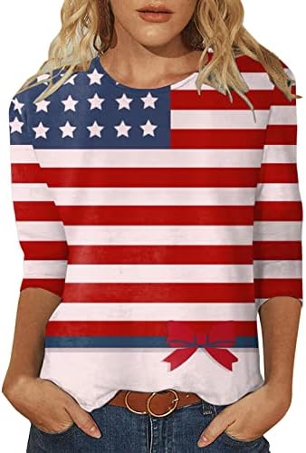 4 de julho Camisas para Women USA Flag Summer 3/4 Sleeve Crewneck camisetas de três quartos de manga respirável blusa confortável top